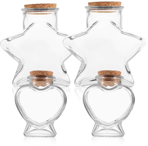 HOLIDYOYO Lot de 4 Bocaux Décoratifs en Verre avec Bouchons en Liège, 2 Petits Pots de Cœur et 2 Bocaux Moyens Étoilés, Bouteilles à Souhaits pour Décoration et Rangement Créatif,