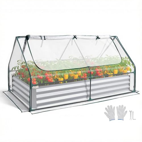 VEVOR Potager Surélevé Métal avec Bâche de Serre Carré Potager Surélevé 180x90x30 cm Lit de Jardin Rectangulaire pour Culture Légumes Fleurs, Fond Ouvert, Galvanisé Aluminium-zinc, avec Gants, Argenté
