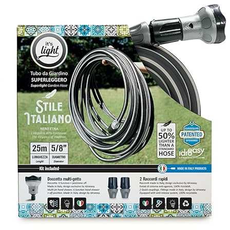 Idroeasy, Tubo Acqua Giardino 25 Metri Superleggero 5/8, Canna Acqua Flessibile Anti-Nodo con Doccetta Multifunzione e 2 Raccordi, Tubo Irrigazione Atossico Nero Lava, Made in Italy