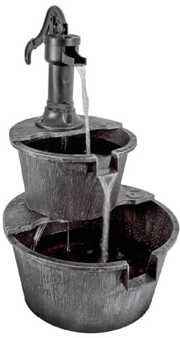 GardenKraft Rustic 2 Tier Garden Water Fountain, Dark Silver, Barrel Style Outdoor Water Feature with Built-In Pump, Weatherproof Finish, Mains Powered, 67 x 41 cm