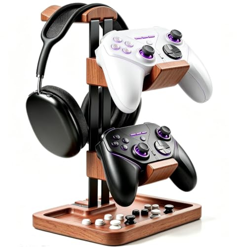 LOXP Walnut Headphone and Controller Stand, 2-in-1 Holder with Storage