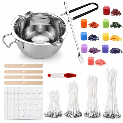 JVHLOV Kit para Hacer Velas con Recipiente de 600 ml y 200 Mechas | 8 colorantes, 200 pegatinas y soportes para mechas, kit de fabricación de velas para principiantes