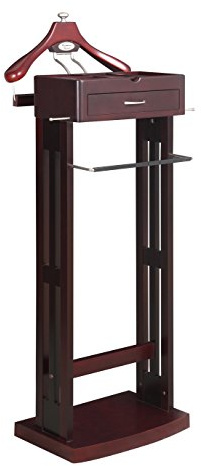 Proman Products Norstar Suit Valet Stand VL16245 with Detachable Hanger, Trouser Bar, Tie Bars, Mirror Tray & Drawer, 20”W x 15” D x 49”H, Mahogany