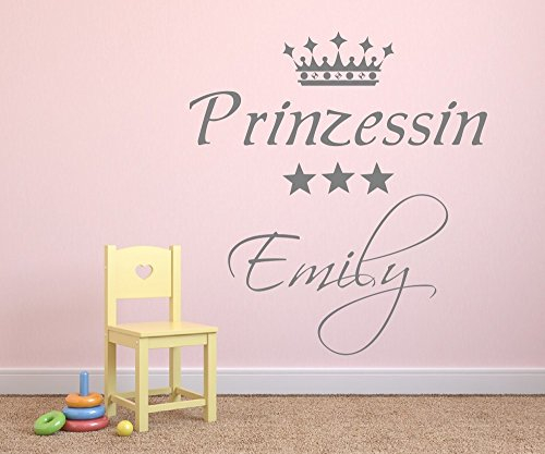 Wandtattoo mit Namen ~ Prinzessin mit Krone und Sternen ~ Türaufkleber, Kinderzimmer für Mädchen, 73017-58x63cm, fürs Mädchenzimmer, Wandaufkleber Wandtatoos Sticker Aufkleber für die Wand, Tapetensticker, Tattoo aus Markenfolie, Namensaufkleber mit Wunschname, in 32 Farben wählbar