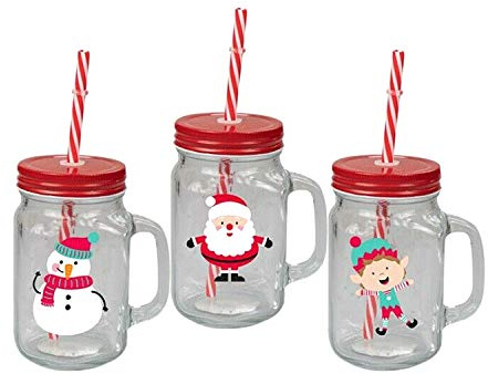 Invero® 3X Set of Christmas Design Drinking Glass Jar Mugs with Handle Screw Top Tin Lid and Straw