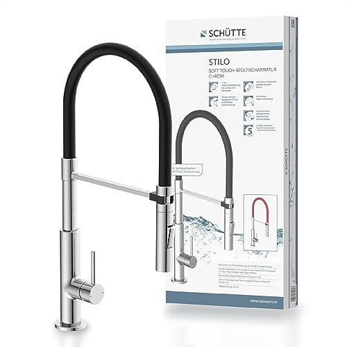 SCHÜTTE 79180 STILO Küchenarmatur mit ausziehbarer Brause, 360 Grad schwenkbarer Wasserhahn für die Küche, Spültischarmatur Einhebelmischer, Mischbatterie in Chrom/Schwarz