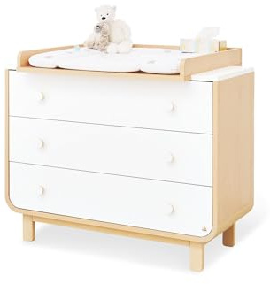 Pinolino Wickelkommode Round breit, inkl. abnehmbarem Wickelaufsatz, für Babys und Kleinkinder, aus Dekor: Ahorn und Uni, weiß
