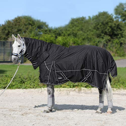 Horsenjoy Pferdedecke Regendecke Winterdecke Outdoordecke Paddockdecke mit Halsteil 300g 200g Füllung Aspen (155 cm, 300 g schwarz)