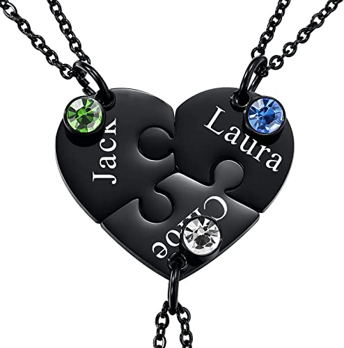 INBLUE Personalisierte Halskette für Männer/Frauen, Paar-/Freundschaftskette für 2/3/4/5 Teile, Schwarz/Silber Herz-Puzzle-Teile-Halsketten-Sets, Name/Text-Gravur Edelstahl-Halskette (3 Stück+Stein)