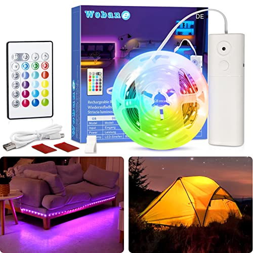 WOBANE Rechargeable RGB LED Strip Lights with Remote Control,2000mAh Battery Powered Strip Light,2m Color Changing Led Lights for Bedroom,Party,Shelf,Sofa,Desk,Game,Holiday,DIY Indoor Decoration