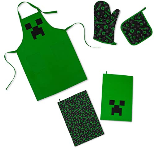 Ukonic Minecraft Green Creeper Kitchen Set | Apron, Oven Mitt, Dish Towels, Pot Holder