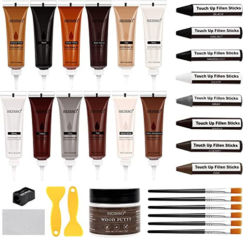 SEISSO Wood Furniture Repair Kit, 31 Pcs Scratch Repair Wood Filler, Wax Filler Wood Repair Sticks with Wood Putty Multicolor Wood Filler for Wooden Floors, Cabinet, Cherry, Walnut