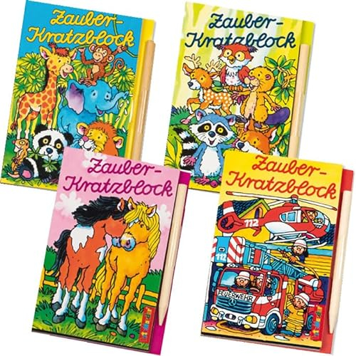 Carpeta 4 Zauberkratzblöckchen * Zootiere + Pferde + Waldtiere + Feuerwehr * in DIN A7 als Mitgebsel für Kindergeburtstag | Party Zauberblock Malbuch Malen Kratzen Tiere