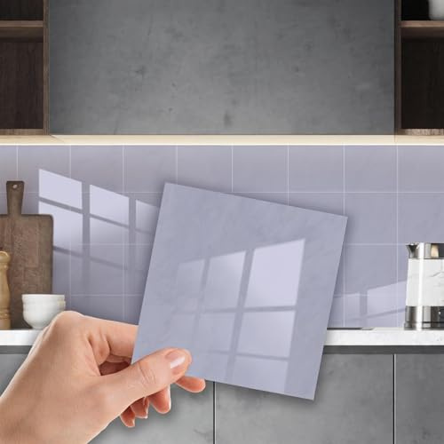 WALPLUS Light Grey Marble Tile Stickers 15.24 x 15.24 cm, 24 PCS Peel and Stick Self Adhesive Wall Tiles, Waterproof Kitchen Bathroom Splashback Decals
