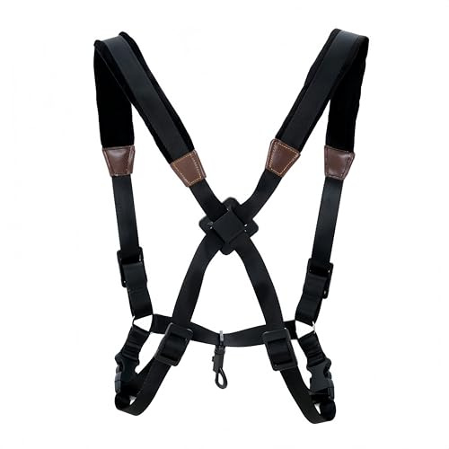 Changyeah Arnés per sassofono in pelle autentica, doppia spalla universale, collo senza pressione, sassofono e fascia bassa, Nero , L