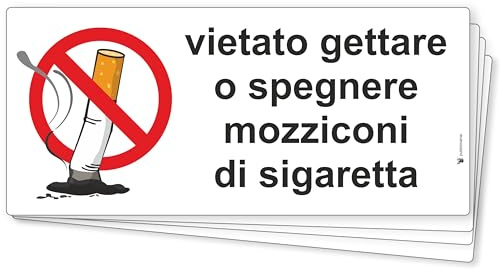 pubblimania Vietato Gettare o Spegnere mozziconi di Sigarette 4 Adesivi in PVC flessibile impermeabili e Resistenti per Esterno e Interno Cm 29x13 (Vietato Gettare Mozziconi)