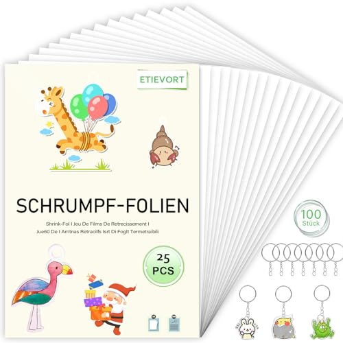 Schrumpffolie Set Schlüsselanhänger, 125 Stück Schrumpffolien Set enthalten 25 Stück A4 Schrumpffolie zum Basteln und 100 Stück Schlüsselanhänger, Schrumpffolie Transparent für Kinder & Erwachsene