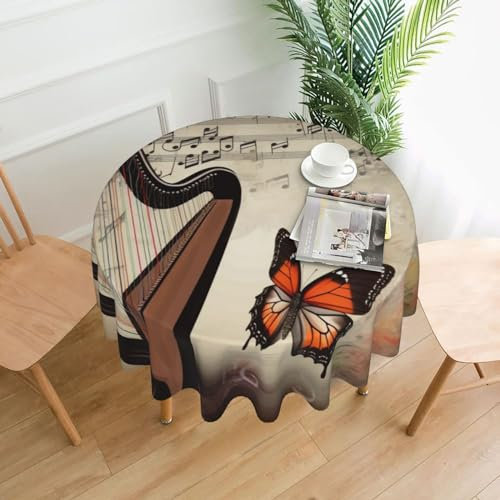 OPSREY Runde Tischdecke mit Harfe und Schmetterlings-Druck, 152,4 cm, wasserdicht, knitterfrei, Tischdecke für Zuhause, Küche, Esszimmer, Party