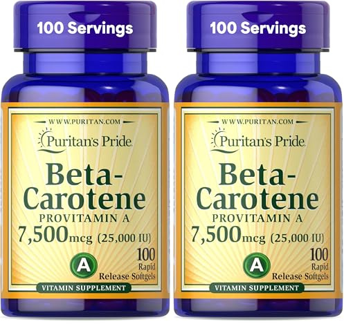 Puritan's Pride Beta Carotene Provitamin A 7,500mcg (25,000 IU), Vitamin Supplement for Immune System, Antioxidant and Eye Health Support, 100 Day Supply, 100 Rapid Release Softgels (Pack of 2)