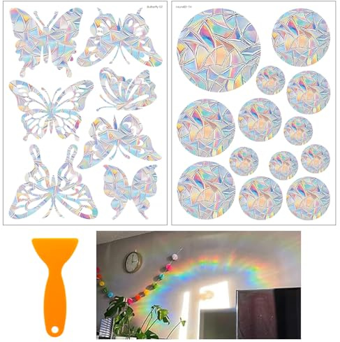 WEDAMOO 20 Stück Prisma Fensteraufkleber, Schmetterling/Rund Prismen, Sonnenfänger Sticker, Vogelschutz, Regenbogen Fenster Sticker Folie Gegen Vogelschlag
