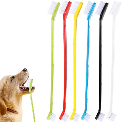 WOLMIK Pack of 6 Dog Toothbrush Set, Double Ended Dog & Cat Dental Oral Care Toothbrush, Long Handle Pet Teeth Brush for Dogs Tooth Cleaner Care for Small to Large Dogs Cats