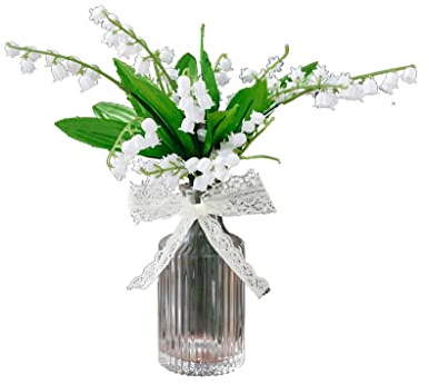 CWLPSL Artificial Flowers Decor Artificial Lily of The Valley Plant in Glass Vase Fake Flower Arrangement White Faux Lily of The Valley with Vase for Home Decor Fake Flowers