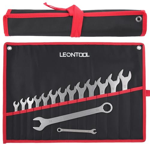 LEONTOOL Juego de llaves combinadas métricas de 15 piezas de 8 mm a 24 mm, juego de llaves de extremo abierto y extremo abierto, juego de llaves largas de 12 puntos con bolsa rodante para hogar
