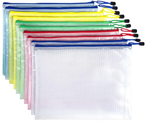 BIHIYII A4 Zip Wallets 10Pcs, Mesh Zip Bags, Plastic Wallets A4 Zip Folders, Storage Zip Lock Bags Document File Folders Puzzle Bag for Stationary Office Supplies, Cosmetics, Travel Accessories