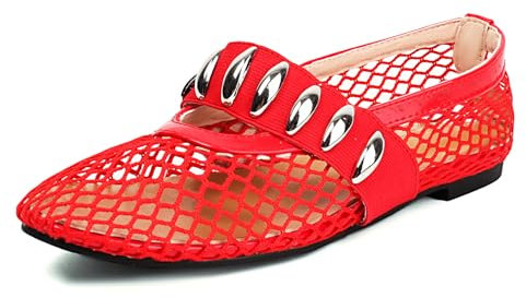 Klarmar Women Mesh Flat Shoes Buckle Strap Fishnet Ballerina Comfort Dolly Ballet Shoes Red Size 8 UK/43/26.5CM