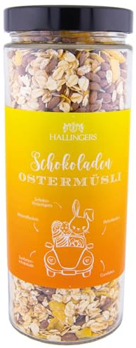 Hallingers Genuss Manufaktur Gourmet-Müsli Oster-Geschenk - vom Bauern direkt frisch aus der Mühle im wertigen Glas Ostermüsli Schokoladen-Müsli, Ostern Körbchen für Frauen Männer