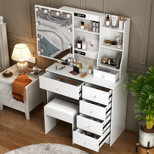 Ereousa Toeletta Trucco con Specchio e Sgabello, Postazione Make-up Robusta con Luci Dimmerabili e Guida Video, Scrivania Trucco con 6 Cassetti e 6 Ripiani, Bianco, 36×80×131 cm, H410512