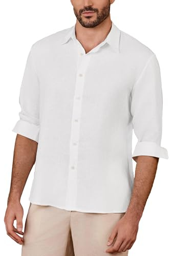 Kallspin Men's 100% Linen Button Down Shirts Classic Breathable Summer Beach Collared Shirts (White, L)