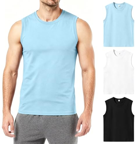 Geyuwoz Camiseta Tirantes Hombre 100% Algodón Hombre Gimnasio Ropa Deportiva Camiseta sin Mangas con Cuello Redondo para Entrenamiento Running Pack de 3 UN1 S