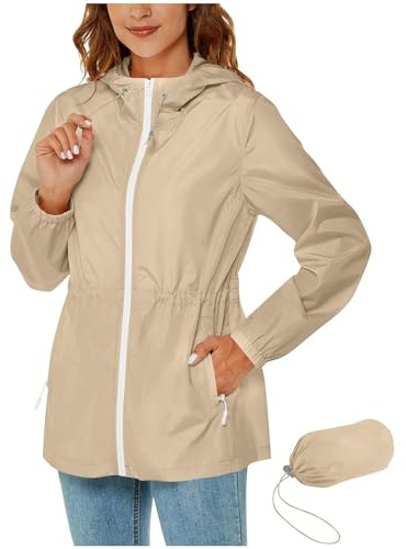 Raincoat for Women Rain Jackets Lightweight Waterproof Women Solid Color Hooded Jackets with Pockets Zip Button Windbreaker Jacket Windproof Coat Women's Blazer Jackets Spring Outdoor Rain Coats