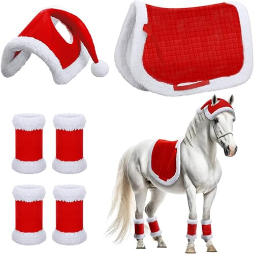 NASSMOSSE 6PCS/Set Weihnachtskostüme beinhaltet Weihnachten Santa Red Horse Hut, 4pcs Horse Bein Wraps & Sattel, weiche Dicke Plüsch -Weihnachtskostüme für Pferde Dekor Dekor