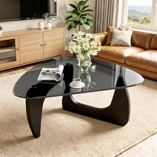 Hawthyhome Triangle Glass Coffee Table, Vintage Center Table for Living Room, Modern Minimalist Sofa Table Design, Stylish Lounge Decorations, Black Wood-Grain, Smoke Grey Glass, 90x65x40cm