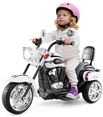 SOARS Elektromotorrad für Kinder, 6 V, 3 Räder, mit LED-Lichtern und Sound, Dreirad mit Pedalbeschleunigung, Motorrad mit Spiegel, 3 km/h, Belastung 30 kg, 3+ Jahre (Weiß-Polizist)
