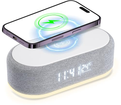 Jaxiyun 4 In1 Wecker Digital, Wecker mit Ladestation, Wireless Charger, Smart Wecker mit Licht und Temperaturanzeige, Nachtischlampe mit Einstellbarer Helligkeit