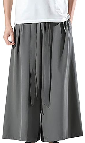 Loose Fit Beach Pants Elastic Waist Kung-Fu Hakama Pants Black Ice Silk with Wide Hem Kimono Casual Capri Pants for Men Cotton and Linen, grey, XL