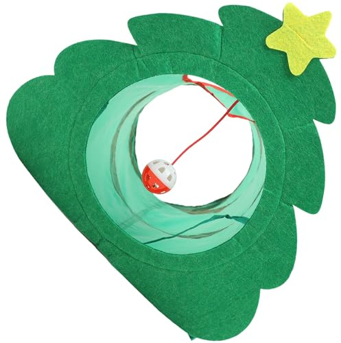 HOUDERCO Katzentunnel aus Polyester Faltbar und Leicht zu Tragen im Weihnachtsbaum Design für Katzen als Interaktiver Spielspaß zur Weihnachtszeit