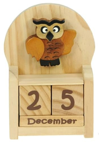 Namesakes® Calendrier perpétuel hibou sage : Idées de cadeaux en bois pour hommes ou femmes : Calendrier de bureau avec date et blocs de mois : Avent animalier ou petite idée cadeau
