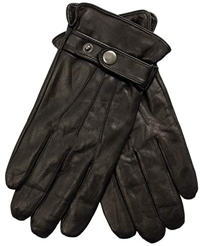 EEM gants en cuir pour homme, cuir italien souple, fonction tactile, fermeture avec bouton pression, doublure polaire, noir S