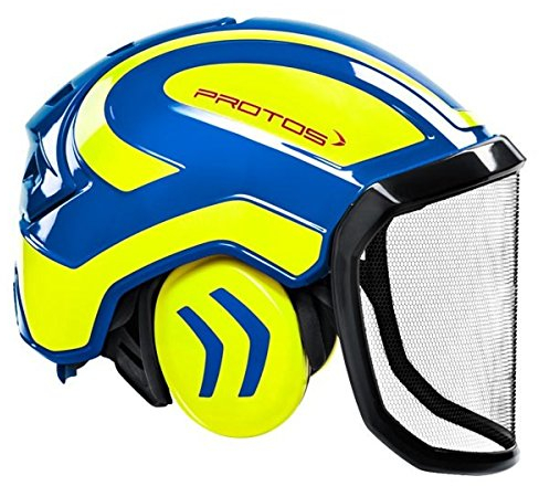 Protos sicherheitshelm integral forest gehörschutz, ausstattung:feines visier, farbe:blau/gelb