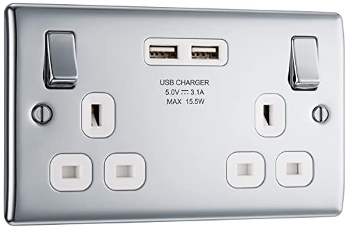 BG Electrical Double Switched Fast Charging Power Socket with Two USB Charging Ports