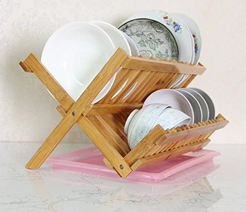 DUOSHIDA - Escurreplatos con escurridor extraíble de bambú y escurridor de platos plegable, escurreplatos de madera