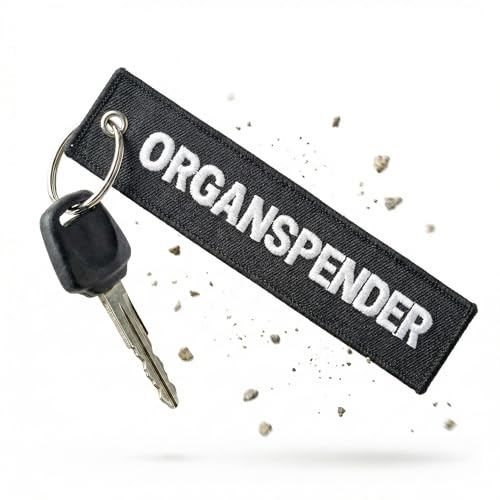 RENEGADE Motorrad Schlüsselanhänger aus Stoff mit Schlüsselring bestickt & kratzfest (130 x 30 mm, schwarz). Ideal für Ihr Motorrad (Organspender)