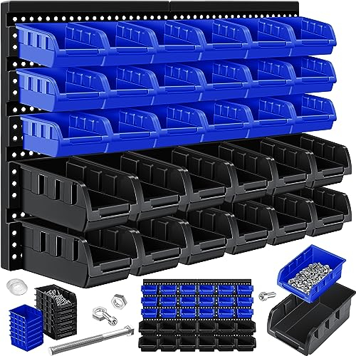 MASKO® Stapelboxen + Wandregal 32-teiliges Set Box Sichtlagerkästen Schüttenregal Steckregal, Hängeregal, Sortimentskasten, Kleinteilemagazin, Werkstatt-Regal, Schwarz/Blau