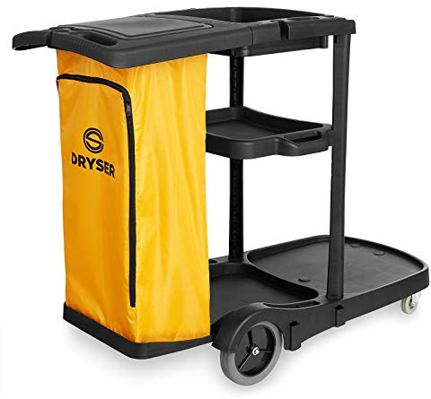 Dryser Commercial Janitorial Cleaning Cart on Wheels - Black Housekeeping Caddy with Cover, Shelves and Vinyl Bag
