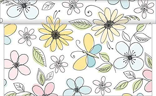 Sovie HOME Tischläufer Nikita, Pastell, Linclass® Airlaid, 40cm x 4,80m, 1 Stück, perforiert alle 30cm, Verspieltes Schmetterlingsdesign in Pastelltönen, Ideal für Garten- & Sommerfeste