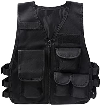 Oyolan - Gilet da pesca per bambino, ragazzo, ragazza, con tasche multiple, mimetico, giacca senza maniche, regolabile, per giochi all’aperto, caccia e campeggio Nero 8-14 anni